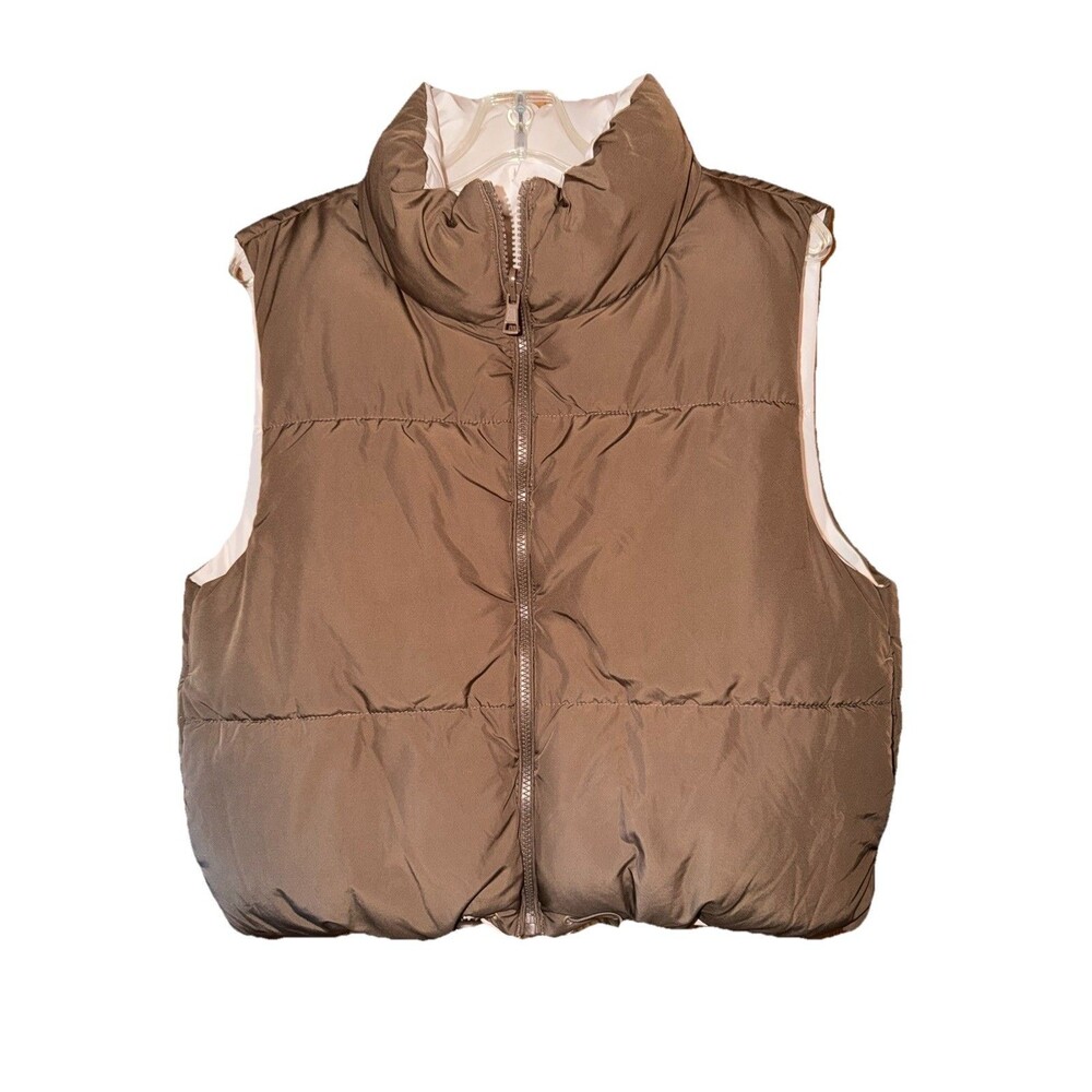 Love Tree Women’s Small Reversible Puffer Vest -Brown Cream Full Zip Soft Cozy - Picture 1 of 6
